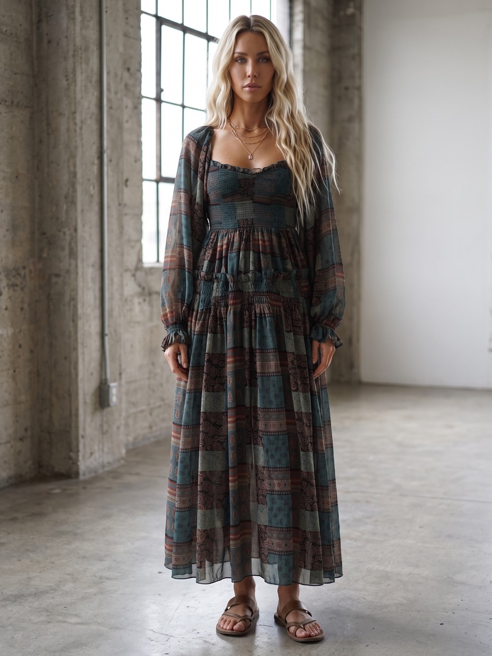 NWT Promesa Patchwork Boho Balloon Sleeve Maxi Dress - Picture 3 of 5